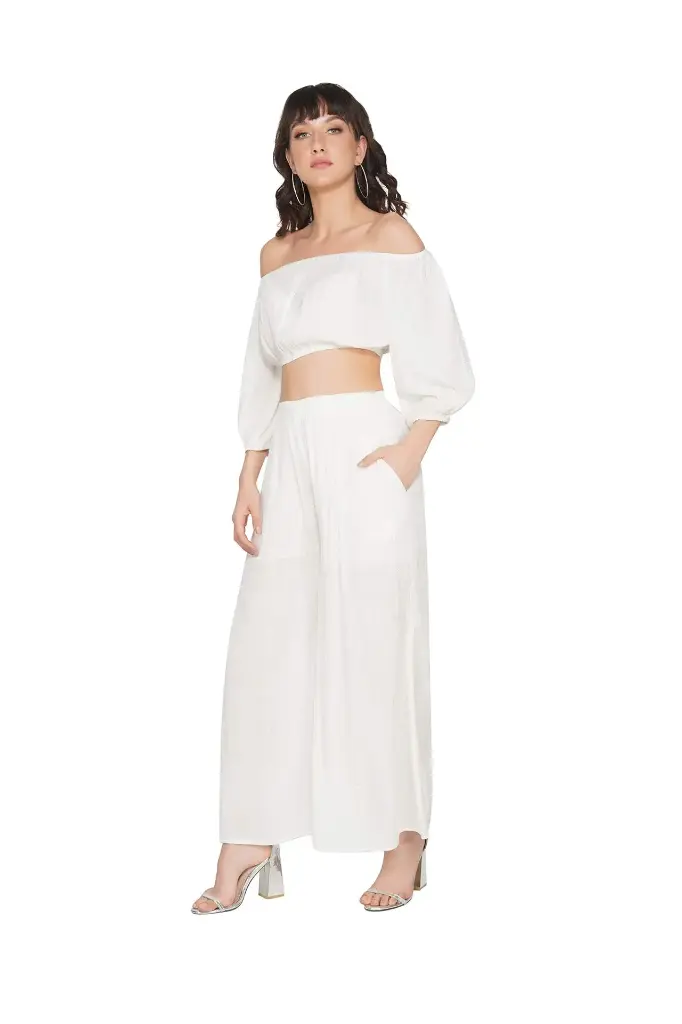 Off Shoulder Crrop Top With Palazzo White Set